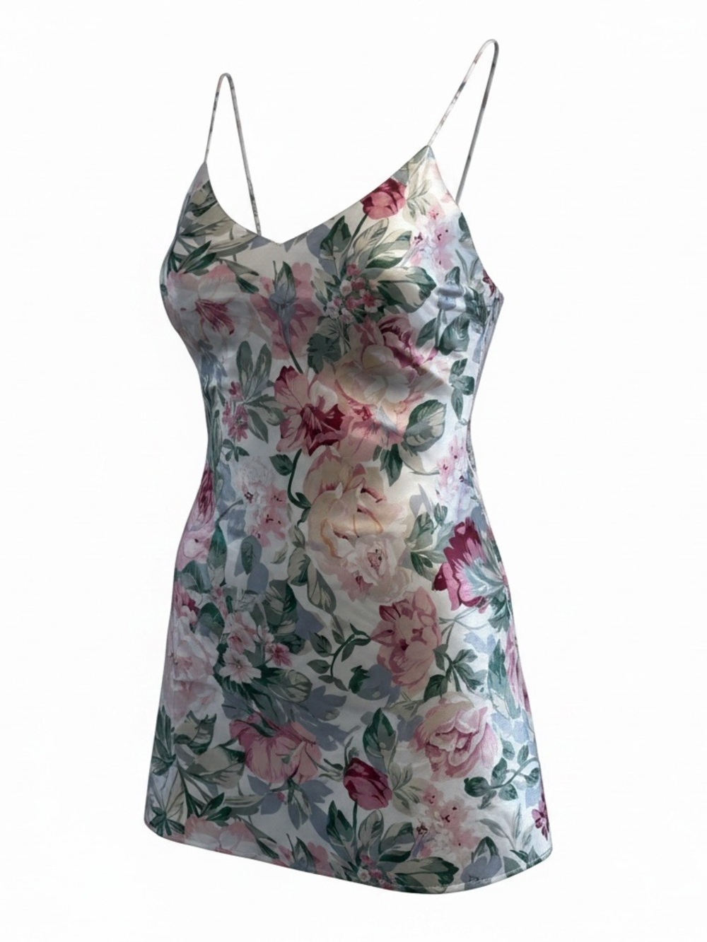 Floral Satin Chemise Slip in Pink & Green